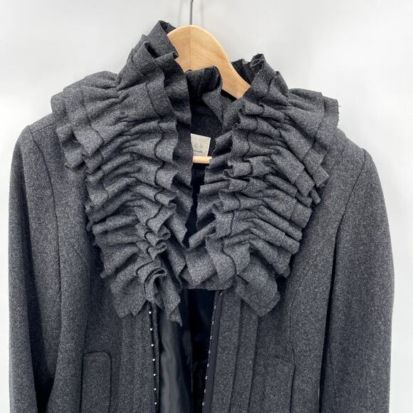 HINGE Grey Wool Blend Ruffle Collar Blazer Jacket // S - Picture 5 of 11